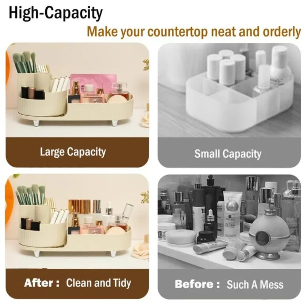 New Rotating Makeup Organizer, Large Countertop Vanity Storage with Brush Holder